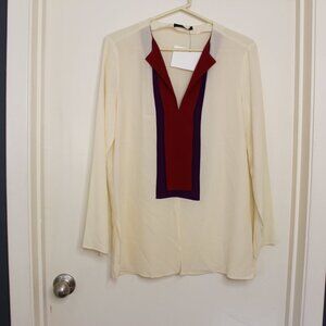 100% Silk Etro Red Purple Collared Long Sleeve Cream Blouse IT 46/US 10